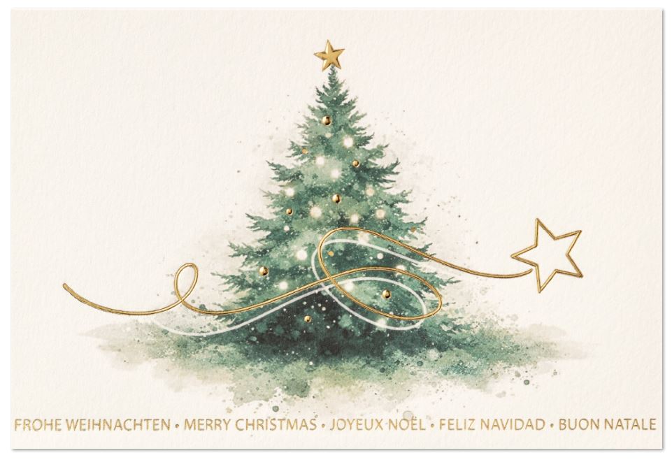 Internationale Spendenweihnachtskarte mit Aquarell-Weihnachtsbaum und Goldprägung zugunsten der Krebshilfe