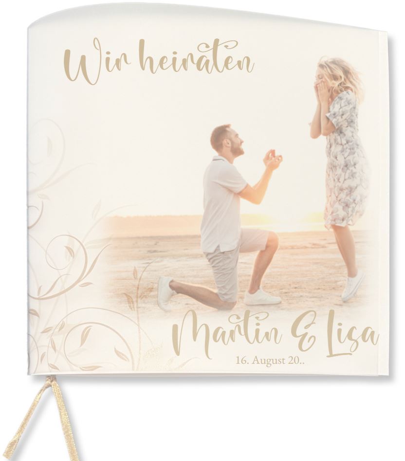 Quadratische Einladungskarte mit floralem Ornament auf Kunststoff-Transparent und cremeweißer Karte mit eigenem Foto