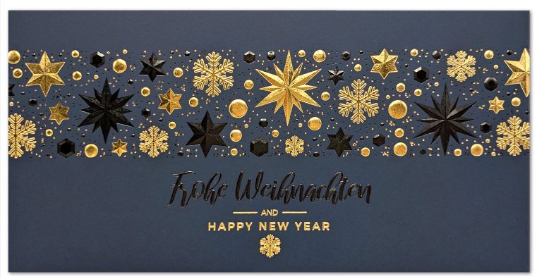 Exklusive Weihnachtsgrußkarte "Glamour" in blau mit Gold- und Schwarzfolienprägung, DIN lang inkl. Einleger innen