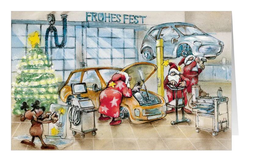Branchenweihnachtskarte "Weihnachts-TÜV" für Autowerkstätten, KFZ-Reparaturdienst, TÜV- und Prüfstellen, Autohäuser