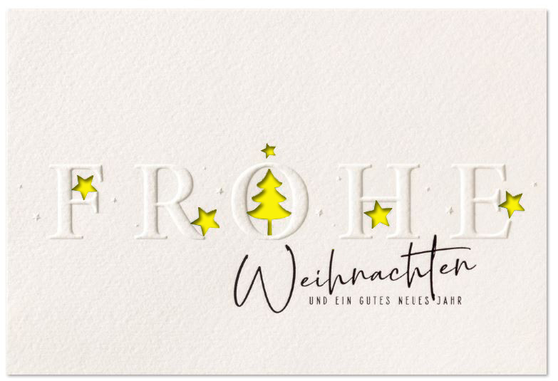 Weihnachtliche Grußkarte in weiß mit Sternen, Tannenbaum und Weihnachtsgruß, Einleger gelb