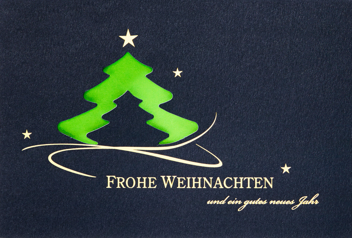 Weihnachtskarte nachtblau mit goldener Folienprägung und gestanztem Weihnachtsbaum
