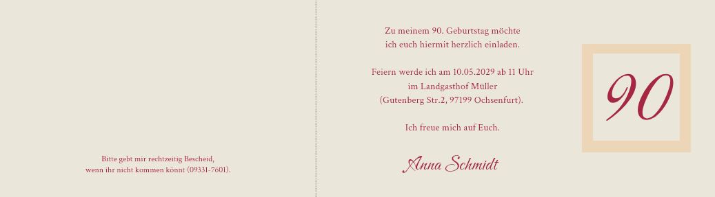 Dunkelrote Einladungskarte zum 90. Geburtstag mit Relief und Blumenornament, DIN lang