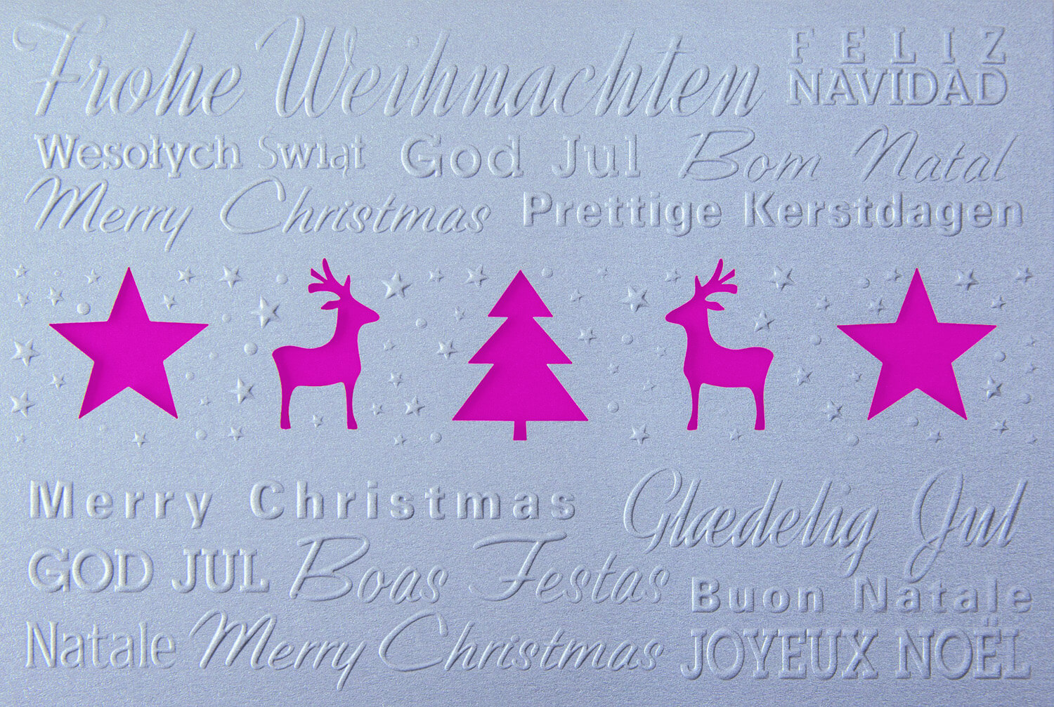 Silbergraue Weihnachtskarte mit magentafarbenem Falteinleger