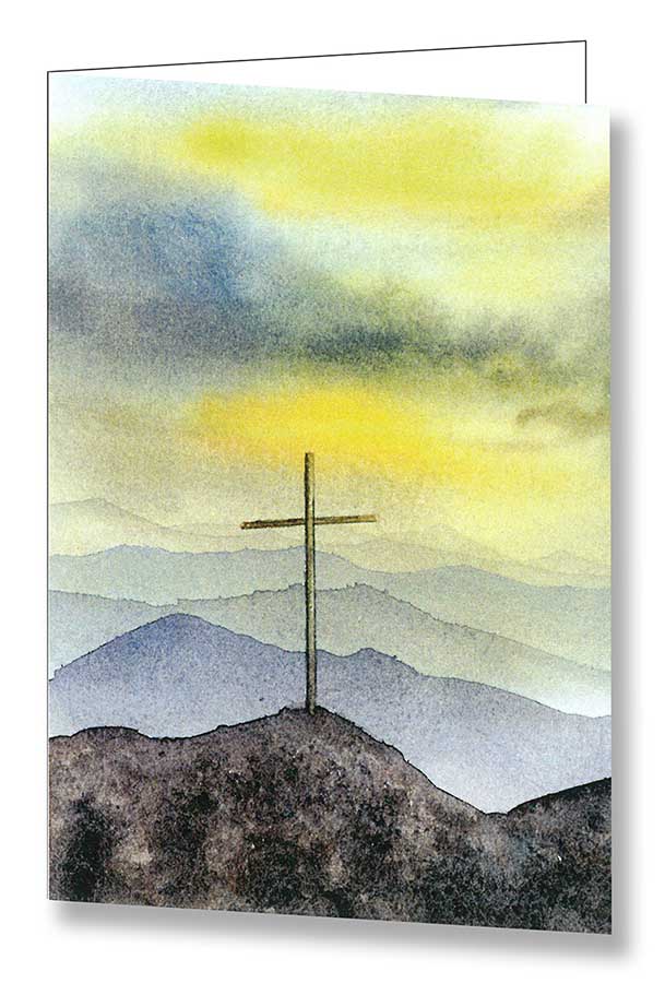 Sterbebild "Du bleibst unvergessen" mit Aquarell-Bergmotiv und Spruch auf der Rückseite