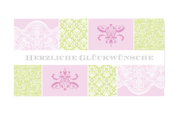 Glückwunschkarte mit Ornamenten in rosa und grün mit silbernem Schriftzug