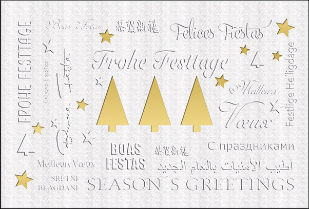 Weihnachtskarte mit Sternen und Weihnachtsbäumen und farbigem Einleger