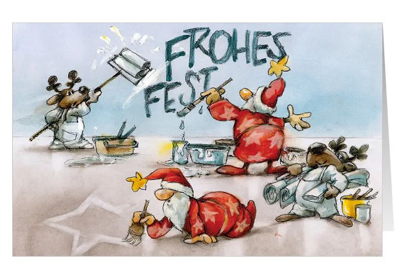 Humorvolle Weihnachtskarte für Malerbetriebe und Verputzer, Fassadenrenovierung mit Gruß "Frohes Fest"