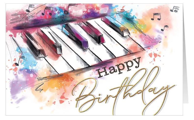 Farbenfrohe Glückwunschkarte "Musik liegt in der Luft" mit Geburtstagsgruß und Klaviertastatur