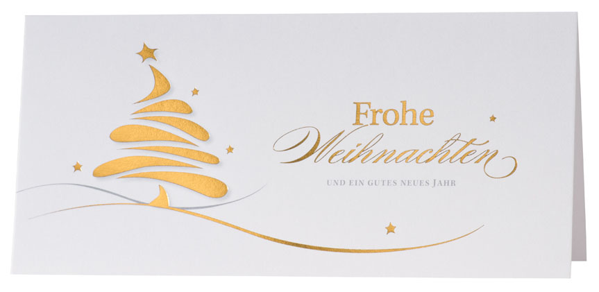Weihnachtskarte weiß Frohe Weihnachten und Weihnachtsbaum in gold