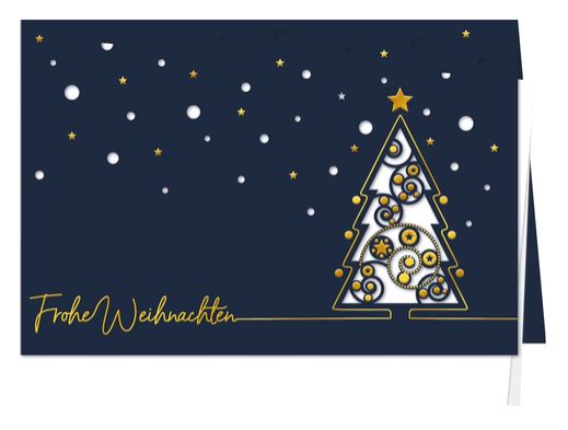 Blaue Weihnachtskarte "Festlicher Gruß" mit Laserung und Goldfolienprägung, Einlegeblatt weiß