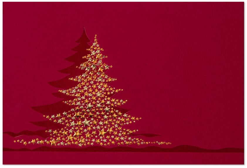 Elegante Weihnachtskarte in Dunkelrot mit Weihnachtsbaum aus kleinen Sternen in edler Prägung, inkl. Einlegeblatt