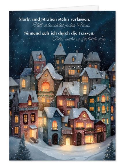 Besinnliche Spendenweihnachtskarte „Verschneite Altstadt“ mit leuchtenden Häusern für die Kinder-Krebs-Stiftung