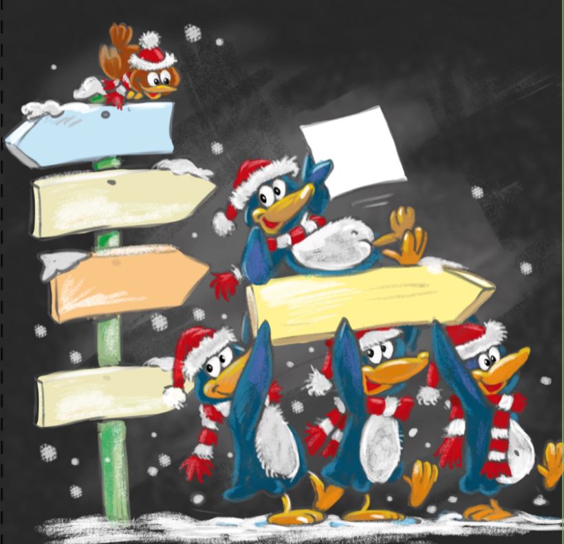 Lustige Neujahrskarte mit Pinguinen und Schilderbaum sowie Spende zugunsten DKMS - Wir besiegen Blutkrebs