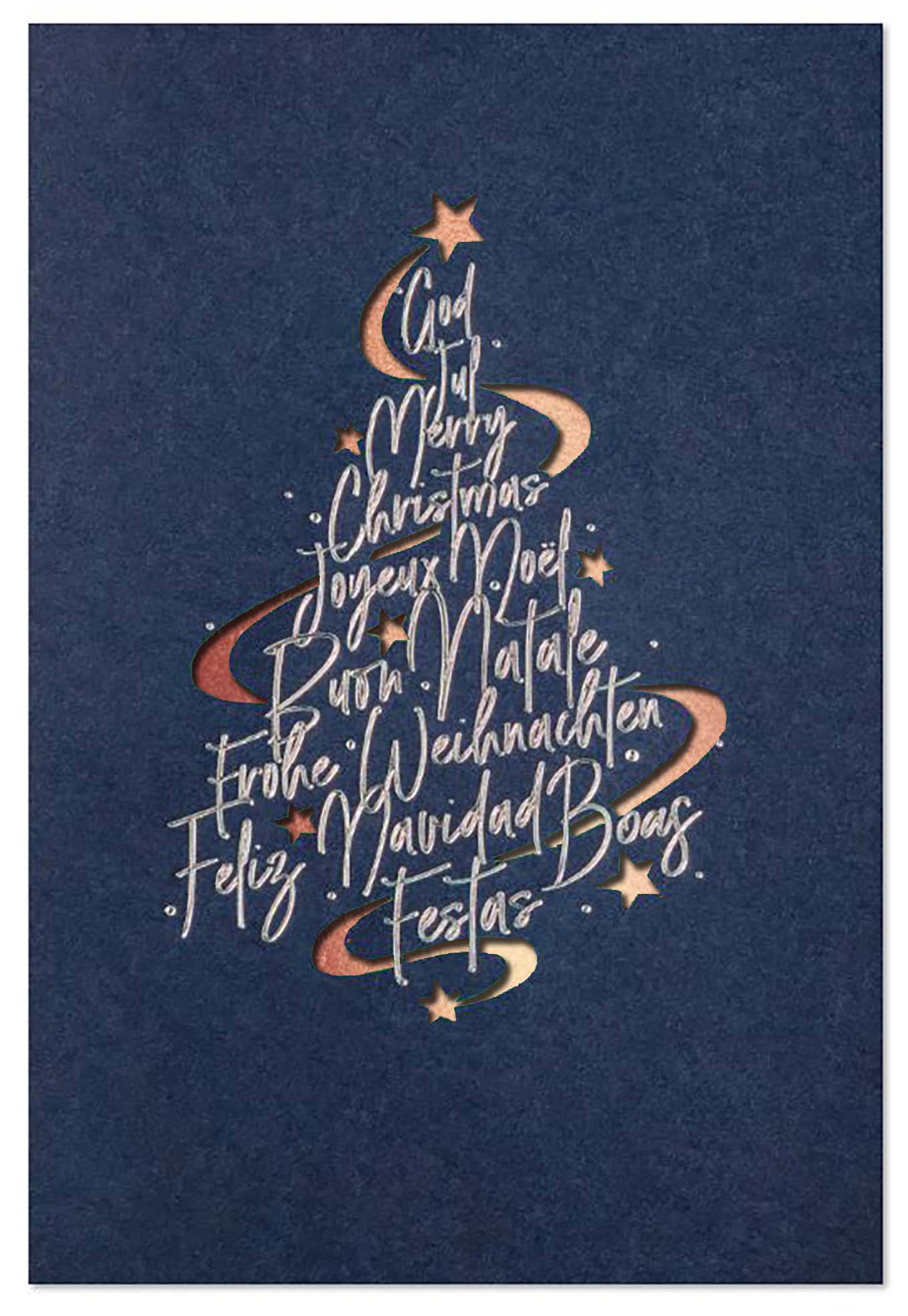 Weihnachtskarte in blau mit internationalen Grüßen, Stanzung und Einleger in kupfer