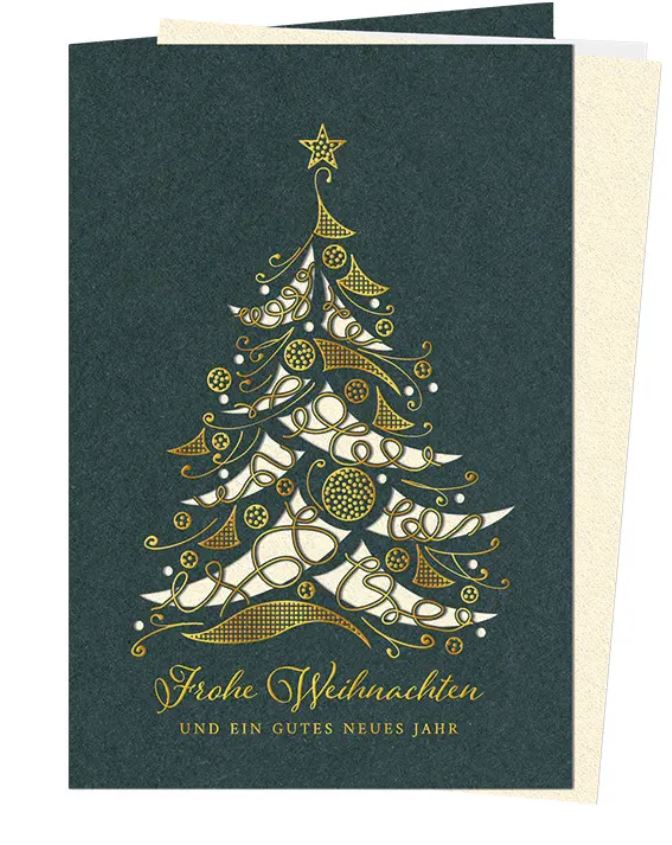 Dunkelgrüne Laser-Weihnachtskarte "Fantasie" mit Goldfolienprägung und Einlegeblatt in creme