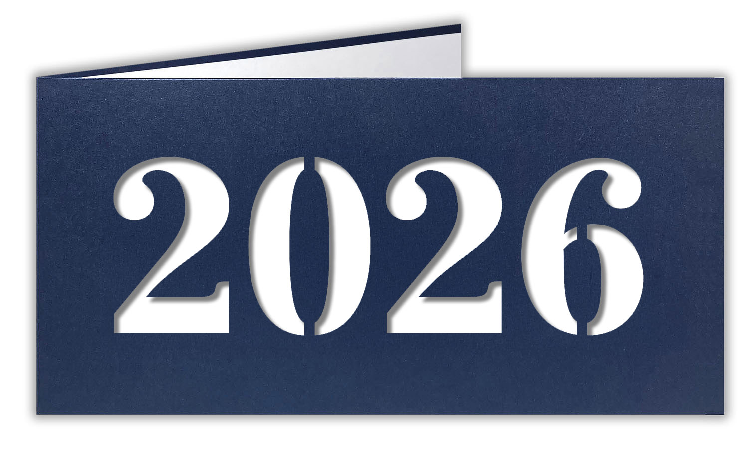 Dunkelblaue Neujahrskarte metallic mit Laserstanzung 2026 und weissem Einlegeblatt