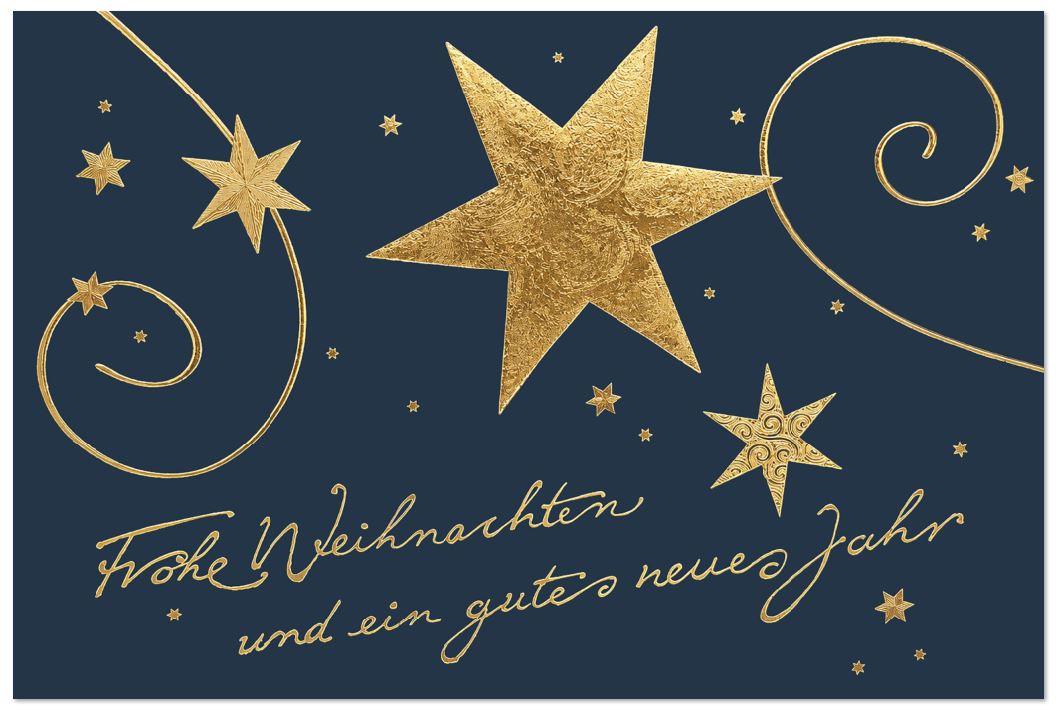 Spenden-Weihnachtskarte für die Peter Maffay Stiftung in Blau mit goldenen Sternen und Weihnachtsgruß, inkl. Einlegeblatt