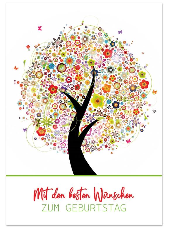Geburtstagsgrußkarte "Blühendes Glück" mit Baum aus bunten Blüten und Glückwünschen zum Geburtstag