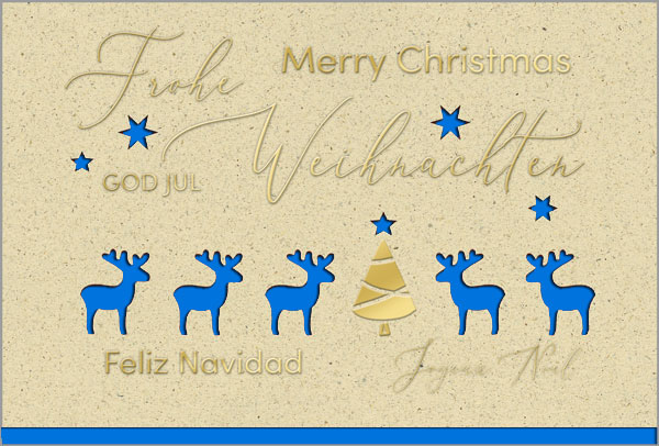 Weihnachtliche Grußkarte mit gestanzten Rentieren und internationalen Grüßen, Einleger blau