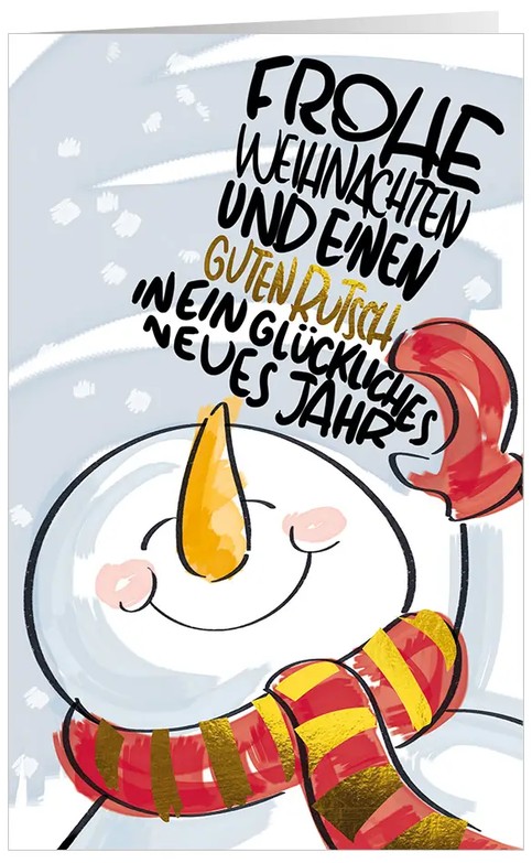 Humorvolle Weihnachtsgrußkarte "Gemalte Weihnachten" mit süßem Schneemann in modernem Illustrationsstil und Gruß