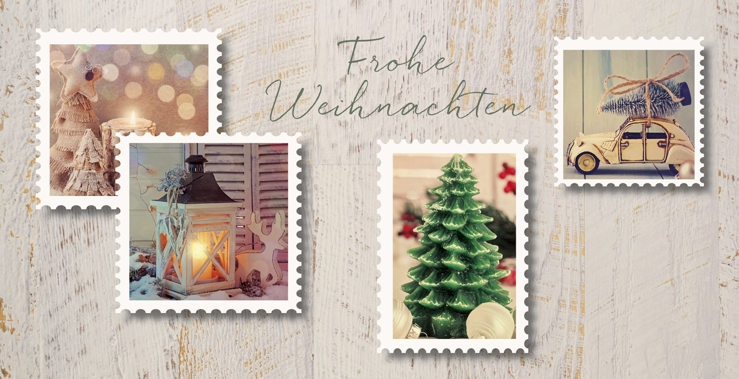Weihnachtskarte mit Weihnachtsmotiven im Briefmarken-Design mit Reliefprägung
