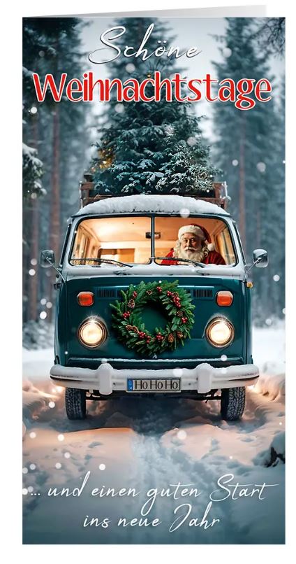 Lustige Weihnachtskarte "HO HO HO" mit dem Weihnachtsmann auf Tour im nostalgischen Bulli-Bus