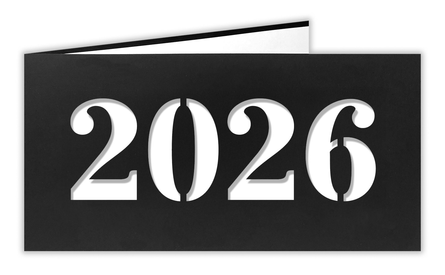 Neujahrskarte schwarz mit Laserstanzung 2026 und weissen Einlegeblatt