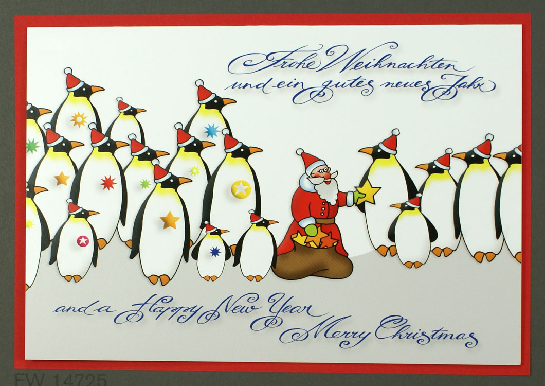 Humorvolle Weihnachtskarte mit Weihnachtsmann und Pinguinen