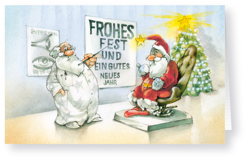 Weihnachtskarte als Branchenkarte mit lustigem Motivdruck für Augenarzt und Optiker