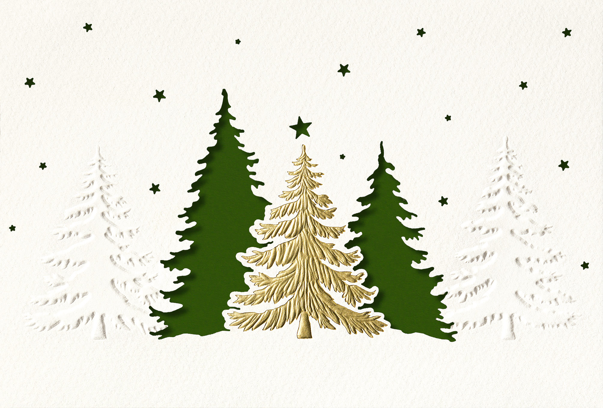 Weiße Weihnachtskarte mit Stanzung, Blindprägung und goldenem Foliendruck, Einleger dunkelgrün