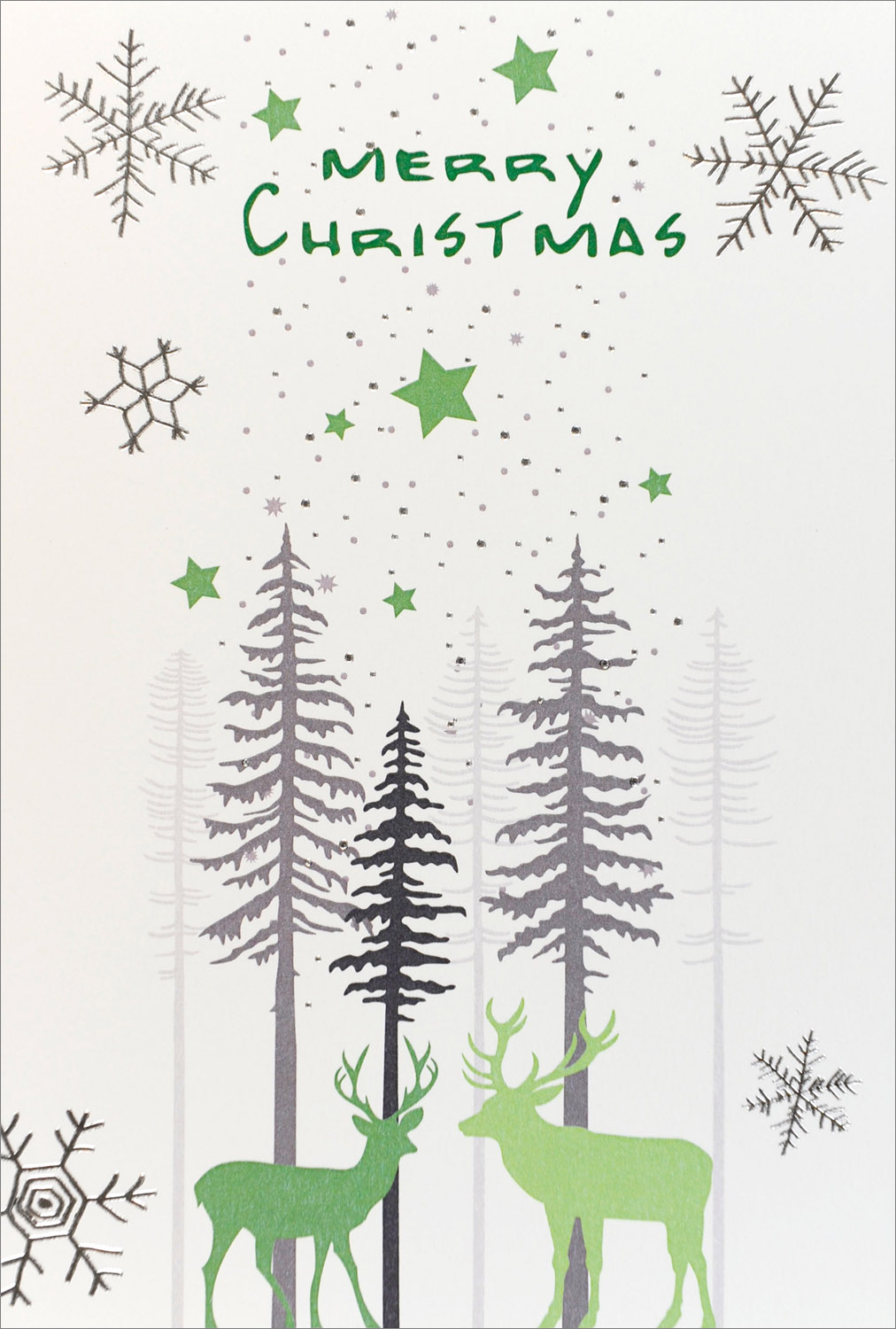 Weihnachtskarte Merry Christmas mit Rentieren im Wald und silbernen Sternen englisch