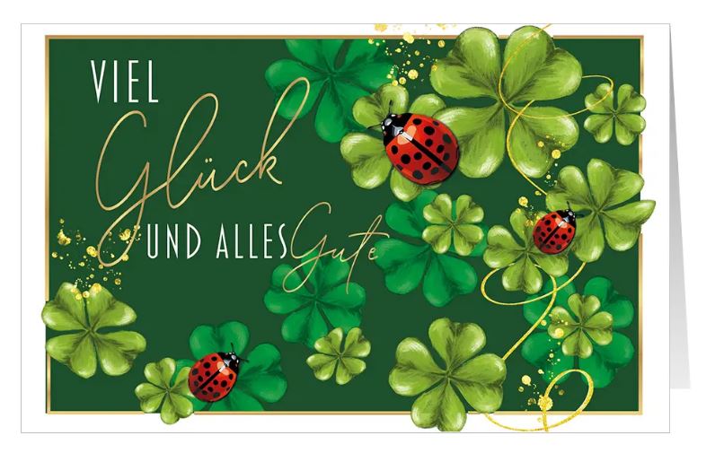 Spenden-Glückwunschkarte mit Kleeblättern und Marienkäfuer sowie gutem Zweck: Ärzte ohne Grenzen