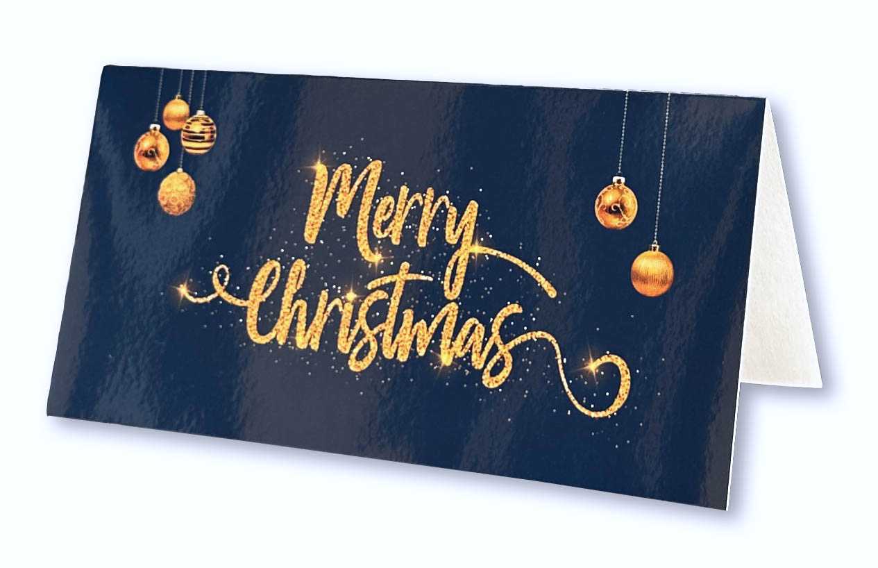 Dunkelblaue Weihnachtskarte im DIN lang Format mit "Merry Christmas" und mehreren Christbaumkugeln in gold.