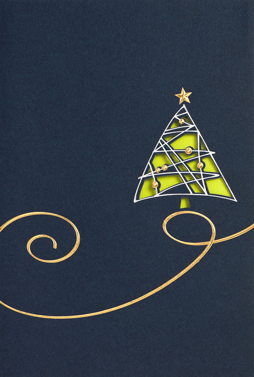 Weihnachtskarte nachtblau mit Weihnachtsbaum Einleger grün