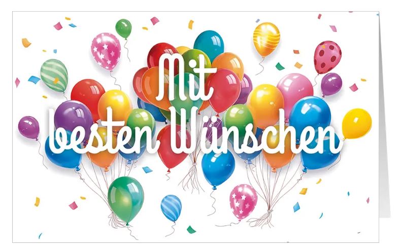 Farbenfrohe Glückwunschkarte "Ballon-Meer" mit buntem Konfetti und Luftballons