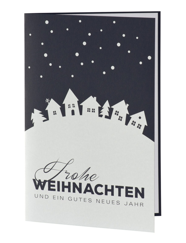 Weihnachtskarte nachtblau mit weißem Aufdruck Dorfsilhouette