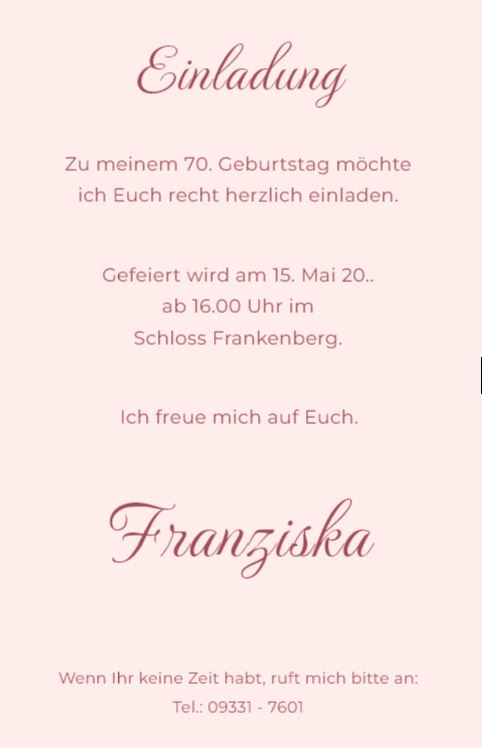 Klassische Einladungskarte zum 70. Geburtstag mit floralem Ornament als beidseitig bedruckte Einzelkarte