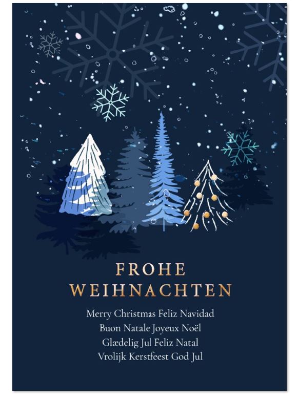 Blaue Festtagskarte mit internationalen Weihnachtsgrüßen, Bäumen und Eiskristallen mit Goldprägung veredelt