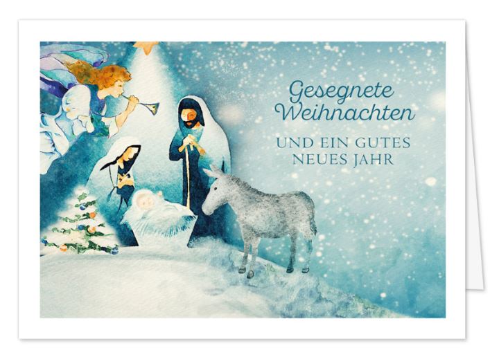 Christliche Weihnachtskarte „Die heilige Nacht“ mit kunstvollem Krippen-Aquarell und gutem Zweck: Kinderkrebs-Stiftung