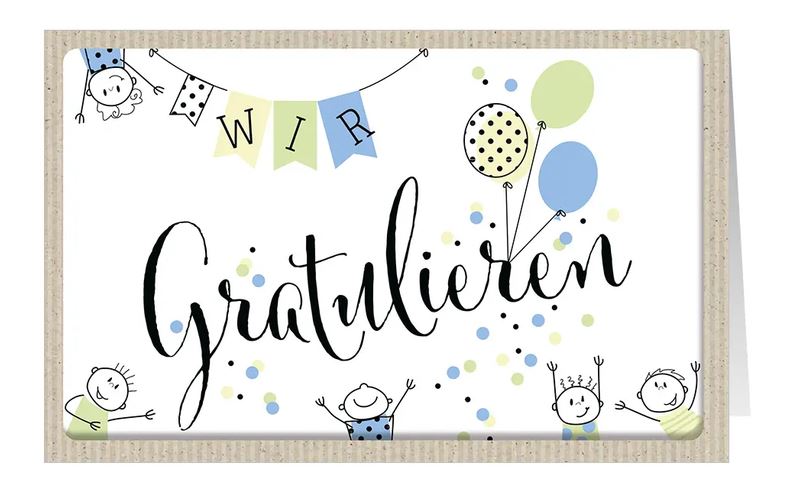 Heitere Grußkarte "Jubelnde Glückwünsche" mit Luftballons, Wimpel und fröhlichen Strichmännchen