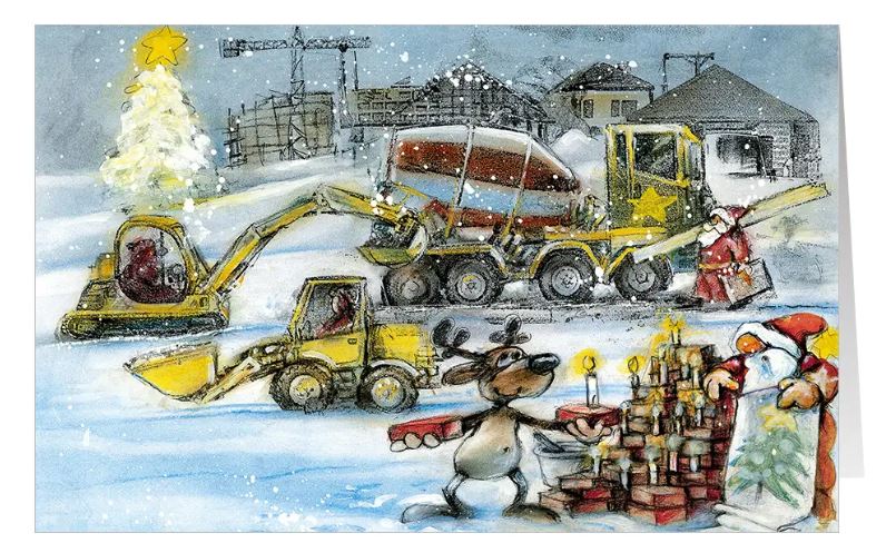 Branchenweihnachtskarte für die Baubranche mit einer Großbaustelle und Baufahrzeugen im Winter