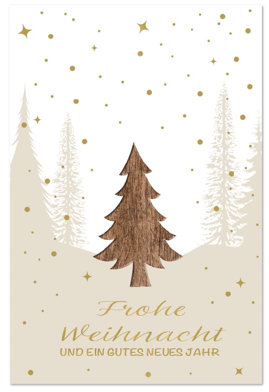 Weihnachtskarte mit Echtholz-Applikation Baum und goldgeprägtem Weihnachtsgruß