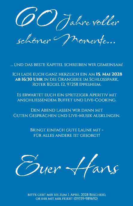 Fotokarte "Zeitreise" als Einladung zum 60. Geburtstag mit persönlicher Fotocollage und eigenem Text in royalblau