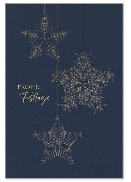 Exklusive Weihnachtskarte "Festliche Eleganz" in dunkelblau mit hängenden Sternen und Gruß in Goldfolienprägung