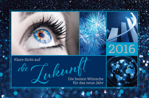 Neujahrskarte Klare Sicht auf die Zukunft 2016 Auge Feuerwerk