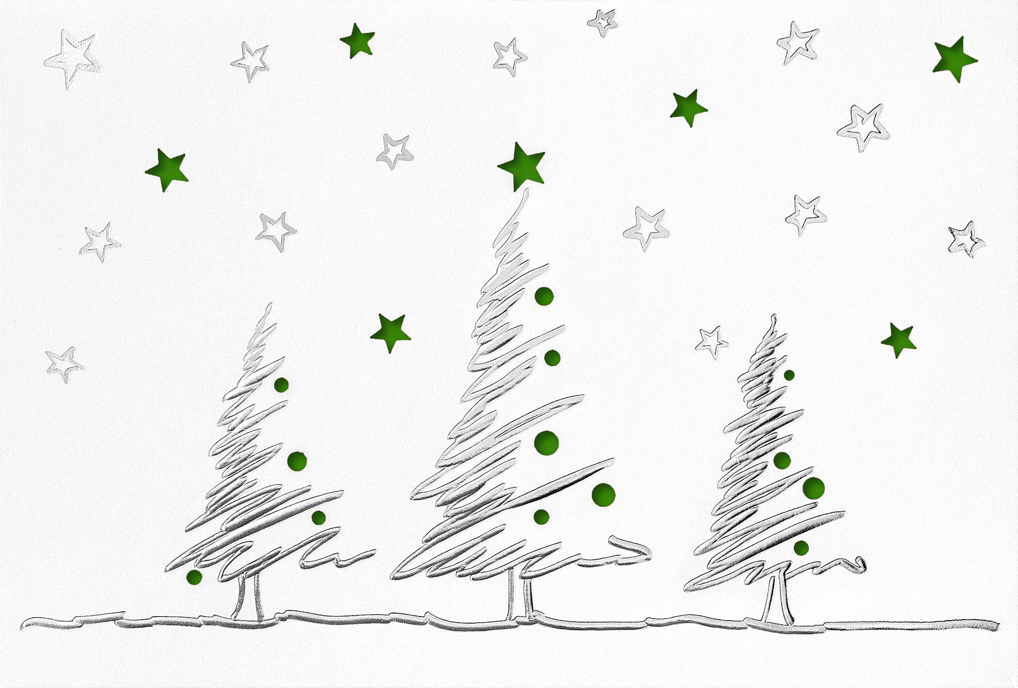 Weihnachtliche Stanzkarte in weiß mit dunkelgruenem Falteinleger innen, silbernen Bäumen und Sternen