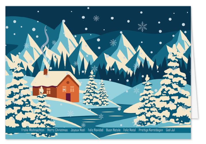 Internationale Weihnachtskarte „Winterliche Bergidylle“ mit verschneiter Hütte und Berglandschaft