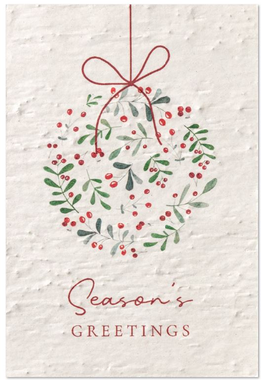 Samenpapier-Weihnachtskarte zum Einpflanzen floral gestalteter Weihnachtskugel und "Season`s Greetings"