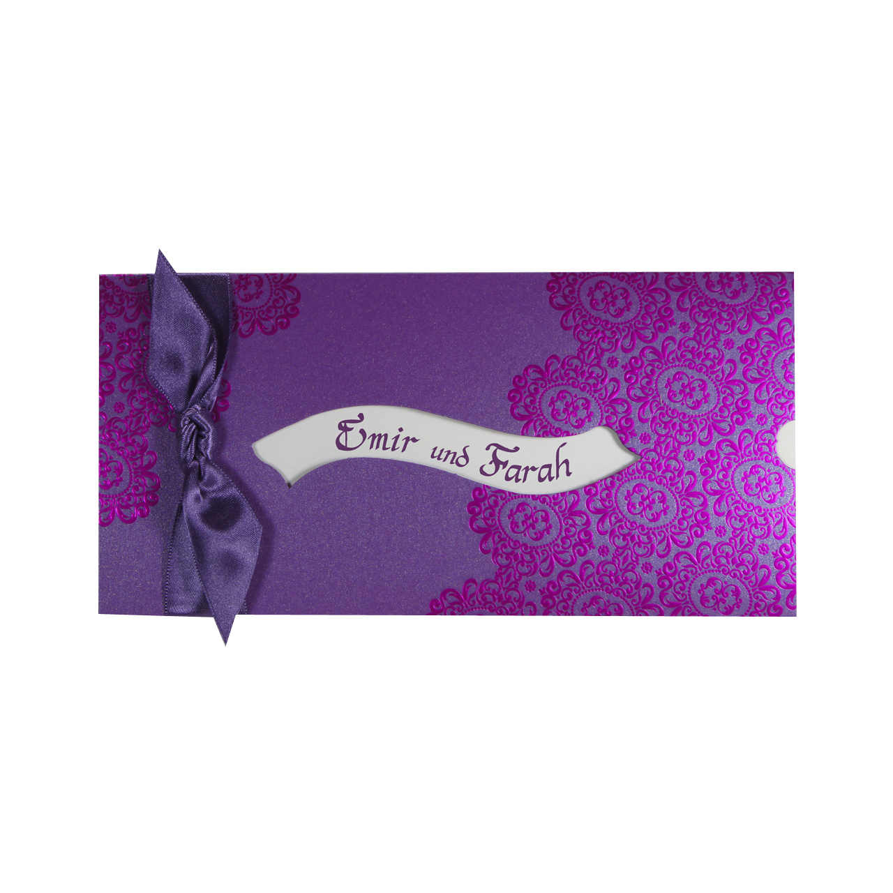 Orientalische Einladungskarte lila mit pinkfarbenem Ornament mit Schleife und Kartenausschnitt